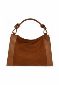 Sac en cuir et suède marron avec une poignée nouée et un corps rectangulaire, présenté sur un fond blanc.