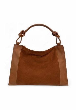 Sac en cuir et suède marron avec une poignée nouée et un corps rectangulaire, présenté sur un fond blanc.
