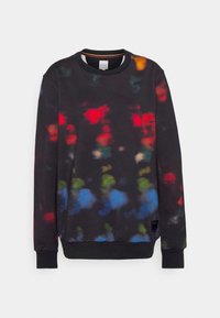Sudadera negra con un patrón de tie-dye en tonos rojos, azules, verdes y amarillos. Puños acanalados y escote redondo. Textura de tela suave.