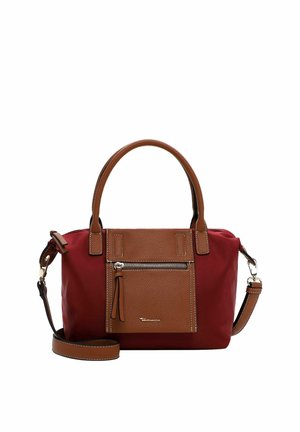 Petit sac à main rouge avec poignées en cuir marron et poche avant, doté d'une fermeture éclair et d'une bandoulière détachable.