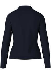 Marineblaues Langarmjackett aus strukturiertem Stoff, mit einem Kragen und einer taillierten Form mit glattem Saum. Keine sichtbaren Verschlüsse.