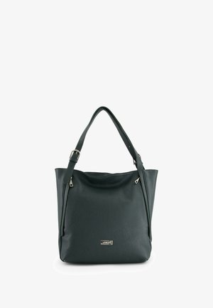 Mørkegrøn læder tote taske med justerbare skulderremme, sølvfarvede lynlåsgreb og en lille metal logo plade på forsiden.