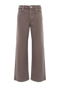 Wide-leg corduroy pants in a muted brown color. Features a textured fabric, front pockets, and a single button closure at the waist.