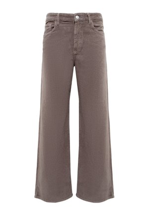 Wide-leg corduroy pants in a muted brown color. Features a textured fabric, front pockets, and a single button closure at the waist.