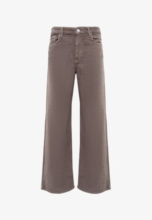 Wide-leg corduroy pants in a muted brown color. Features a textured fabric, front pockets, and a single button closure at the waist.