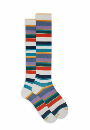 Striped knee-high socks featuring a mix of colors including red, blue, green, and purple on a white background, with orange accents.