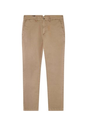 Chinos beige in cotone, con design a gamba dritta, tasche frontali e chiusura con un singolo bottone in vita. Texture liscia.