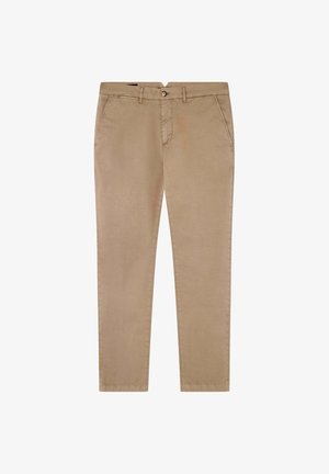 Chinos beige in cotone, con design a gamba dritta, tasche frontali e chiusura con un singolo bottone in vita. Texture liscia.