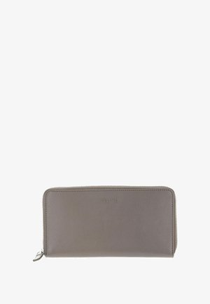 Portefeuille en cuir gris avec fermeture éclair, texture lisse, forme rectangulaire et logo "PICARD" embossé à l'avant.