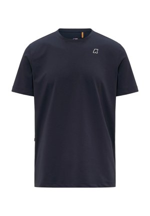 Maglietta a maniche corte blu navy con scollo a girocollo, piccolo logo bianco sul petto a sinistra, orlo dritto e tessuto con trama sottile.