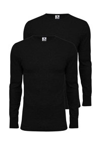To lange sorte t-shirts med lange ærmer lavet af et blødt, tekstureret stof. Rund halsudskæring og tætsiddende ærmer. Etiketterne angiver størrelse medium.