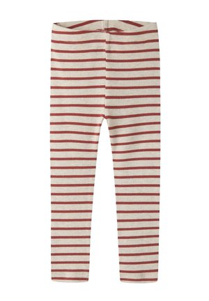 Leggings en maille côtelée pour enfants avec des rayures horizontales rouges et blanches et une taille élastique.