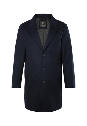 Tummansininen villakangastakki, jossa on viillot lapel, viisi nappisuljenta, kaksi sivutaskua ja teksturoitu sisävuori.