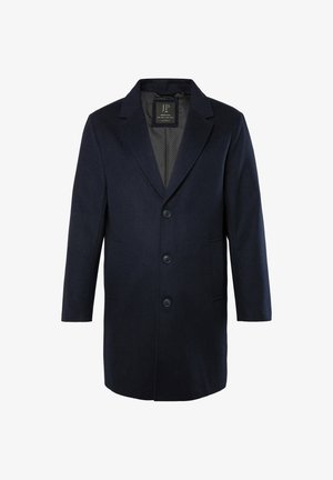 Mørkeblå uldfrakke med spids krave, fem knaps lukning, to sidelommer og et struktureret inderfor.