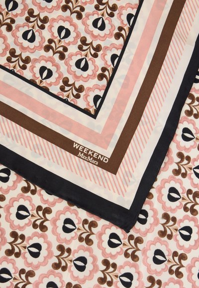 Foulard en soie avec motif floral rose et marron, bordure rayée et logo "WEEKEND MaxMara" dans le coin.