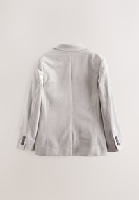 Hellgrauer Blazer mit glatter Textur, strukturiertem Design, Reverskragen, zwei Knöpfen an jedem Ärmelbündchen und einer Mittelnaht am Rücken.