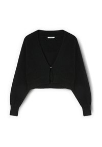 Musta lyhyt neuletakki, jossa V-aukko, pitkät liehuttavat hihat, resorikuvio ja pieni edessä oleva aukko, joka suljetaan lenkillä.