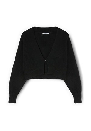 Cardigan corto nero con scollo a V, maniche lunghe a sbuffo, texture a coste e piccola apertura frontale chiusa da un'asola.