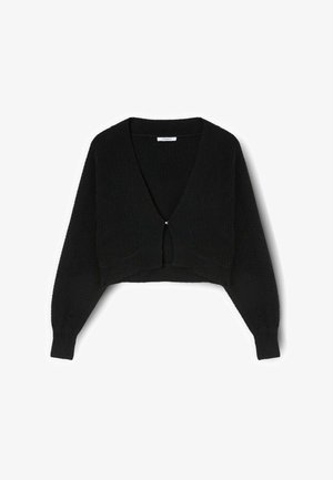 Cardigan corto nero con scollo a V, maniche lunghe a sbuffo, texture a coste e piccola apertura frontale chiusa da un'asola.
