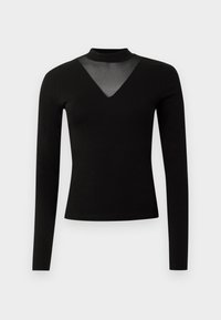 Black long-sleeve top with a mock neck and sheer V-shaped mesh insert at the chest. Soft fabric with a fitted silhouette.