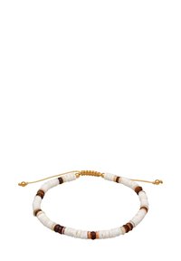 Perlenarmband mit weißen und braunen runden Perlen und einem goldenen Akzent. Verstellbares Band zur Anpassung der Größe. Glatte Textur, einfaches geometrisches Design.