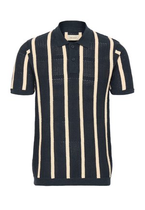 Marineblaues Strick-Poloshirt mit kurzen Ärmeln, vertikalen beigen Streifen und zwei Knöpfen an der Knopfleiste.