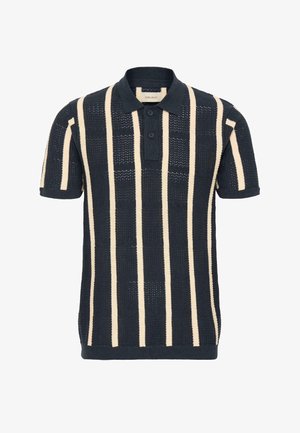 Marineblaues Strick-Poloshirt mit kurzen Ärmeln, vertikalen beigen Streifen und zwei Knöpfen an der Knopfleiste.