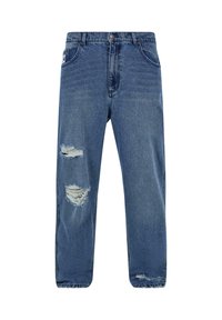Jeans in denim blu chiaro con vestibilità ampia, dettagli distressed con strappi sulle ginocchia e design classico a cinque tasche.