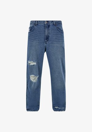 Heledad sinise värvi teksapüksid, millel on lahtine lõige, kulumistunnused ja rebenenud põlved, ning klassikaline viie taskuga disain.