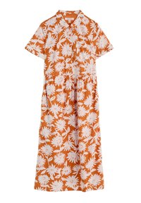 Short-sleeve orange dress with white floral pattern, button-down front, and gathered waistline. Made of lightweight fabric.