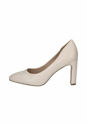 Beige leather high-heeled shoe with a pointed toe, smooth texture, and a block heel. Minimalist design, featuring a wide opening.