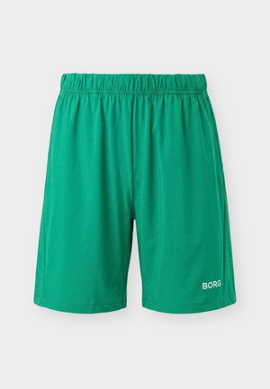 Vihreät urheilushortsit joustavalla vyötärönauhalla ja sivuilla ilmastointipaneelit, joissa alareunan oikeassa lahkeessa ‘‘BORG’’-logo.