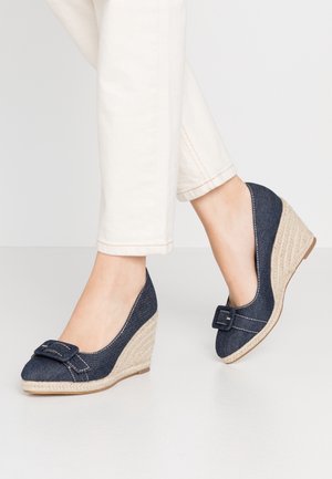 Pieds portant des talons compensés en denim bleu avec détail de boucle, associés à un pantalon blanc court, debout sur un sol gris clair.