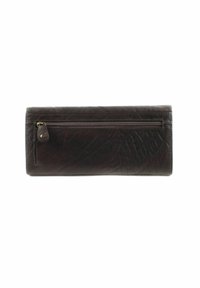 Brown leather wallet with a textured surface, featuring a zippered pocket on the front and a rectangular shape. No additional embellishments.