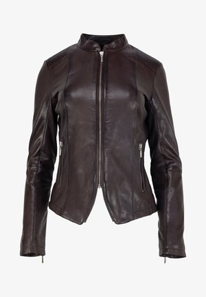 Brown leather jacket with a stand collar, front zipper, ribbed shoulder accents, and two side zip pockets; smooth texture, fitted design.