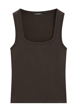 Canotta marrone scuro senza maniche con scollo quadrato e taglio aderente, etichettata Massimo Dutti.