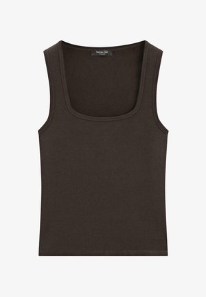 Mørkebrun, ærmeløs tanktop med firkantet halsudskæring og tætsiddende pasform, mærket Massimo Dutti.