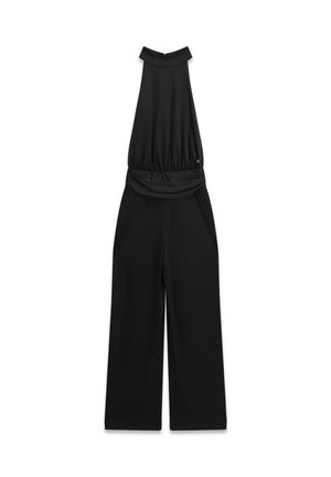 Black sleeveless jumpsuit with halter neck, gathered waist, wide-leg pants, and back zipper closure.