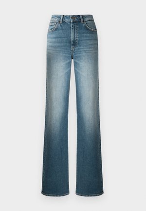 Ljusblå vida jeans i denim. Har hög midja, femfickorsdesign och en bleknande effekt från topp till botten.