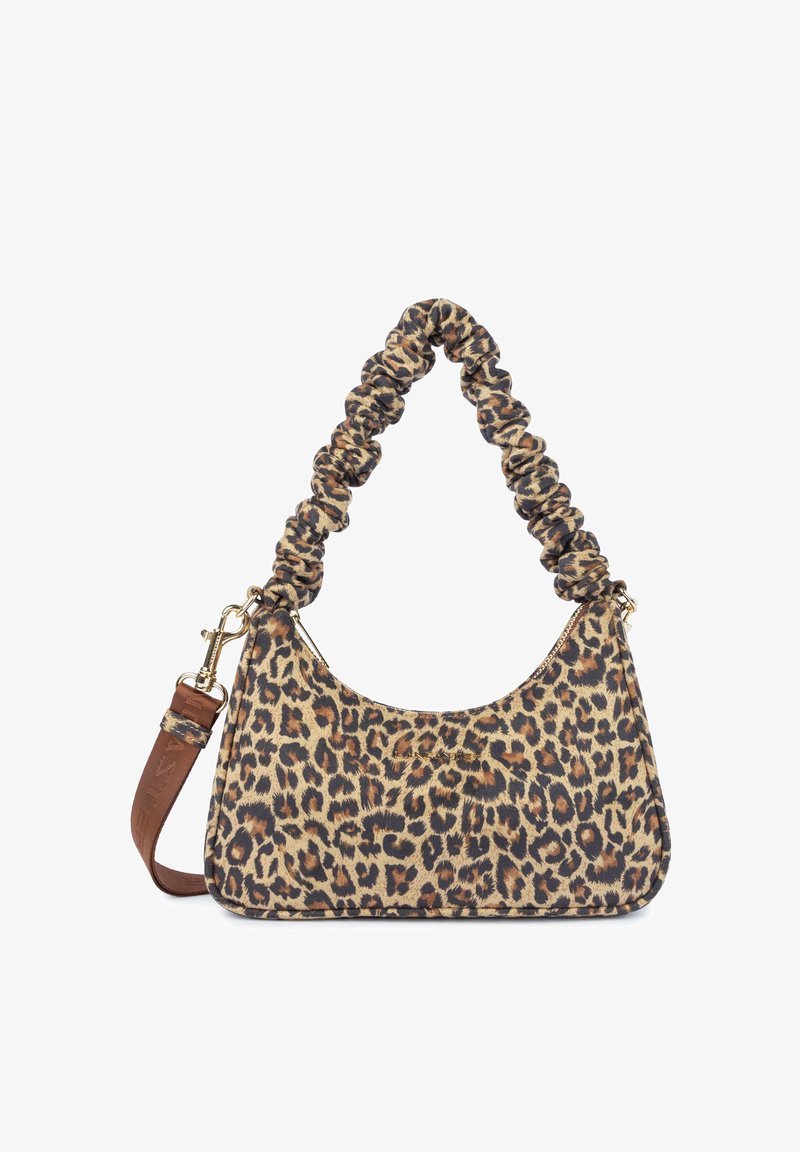 Petit sac à main en tissu imprimé léopard, bandoulière froncée et sangle d'épaule supplémentaire marron réglable avec ferrures dorées.