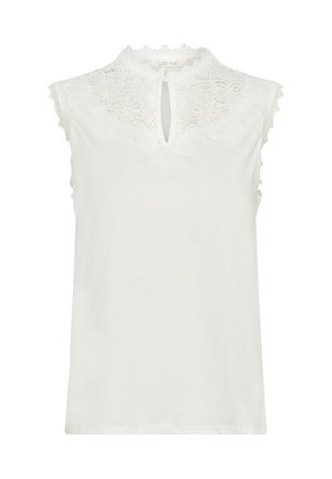 Bezrokains balts tops ar mežģīņu rotājumu ap nelielu atvērumu kakla izgriezumā un viļņotu mežģīņu apdari uz pleciem un apkakles.