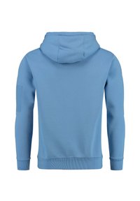 Felpa blu chiaro con cappuccio regolabile, maniche lunghe e tasca applicata sul braccio sinistro. Texture liscia, polsini e orlo a costine.