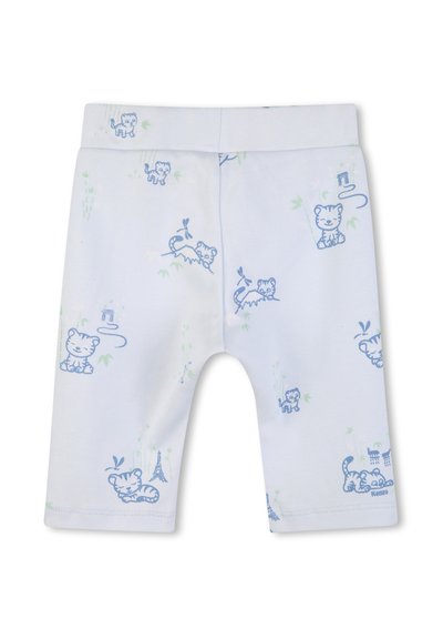Shorts en coton bleu clair avec un motif ludique de tigres et des illustrations de monuments. Texture douce et taille élastique.