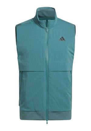 Teal sleeveless zip-up vest with high collar and Adidas logo on left chest, designed for outdoor or athletic wear.