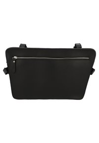 Svart läder axelväska med en stilren, rektangulär form och en framficka med dragkedja. Har justerbara remmar och en minimalistisk design.