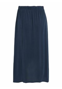 Spódnica midi w kolorze granatowym, uszyta z gładkiego materiału, z elastycznym pasem i miękkimi fałdami, które tworzą subtelne drapowania.