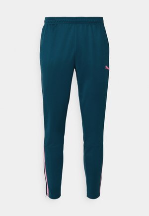Türkise Sporthosen mit elastischem Bund, schmalem Schnitt, pinken Akzentstreifen an den Seiten und einem kleinen pinken Logo an der Hüfte.