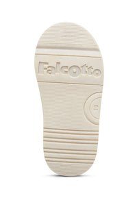 Sohle eines beigen Kinderschuhs mit dem Markennamen "Falcotto" und der Größe "19", die auf der Unterseite eingeprägt ist.