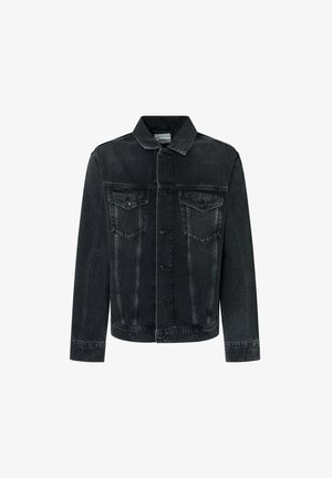 Schwarze Jeansjacke mit klassischem Kragen, vorderem Knopfverschluss, zwei Brusttaschen und leicht verblasster Textur. Lange Ärmel mit geknöpften Manschetten.