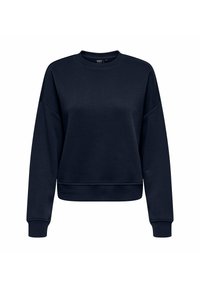 Felpa corta blu navy realizzata in tessuto morbido con polsini e orlo a costine; presenta un collo rotondo e un design con spalle scese.